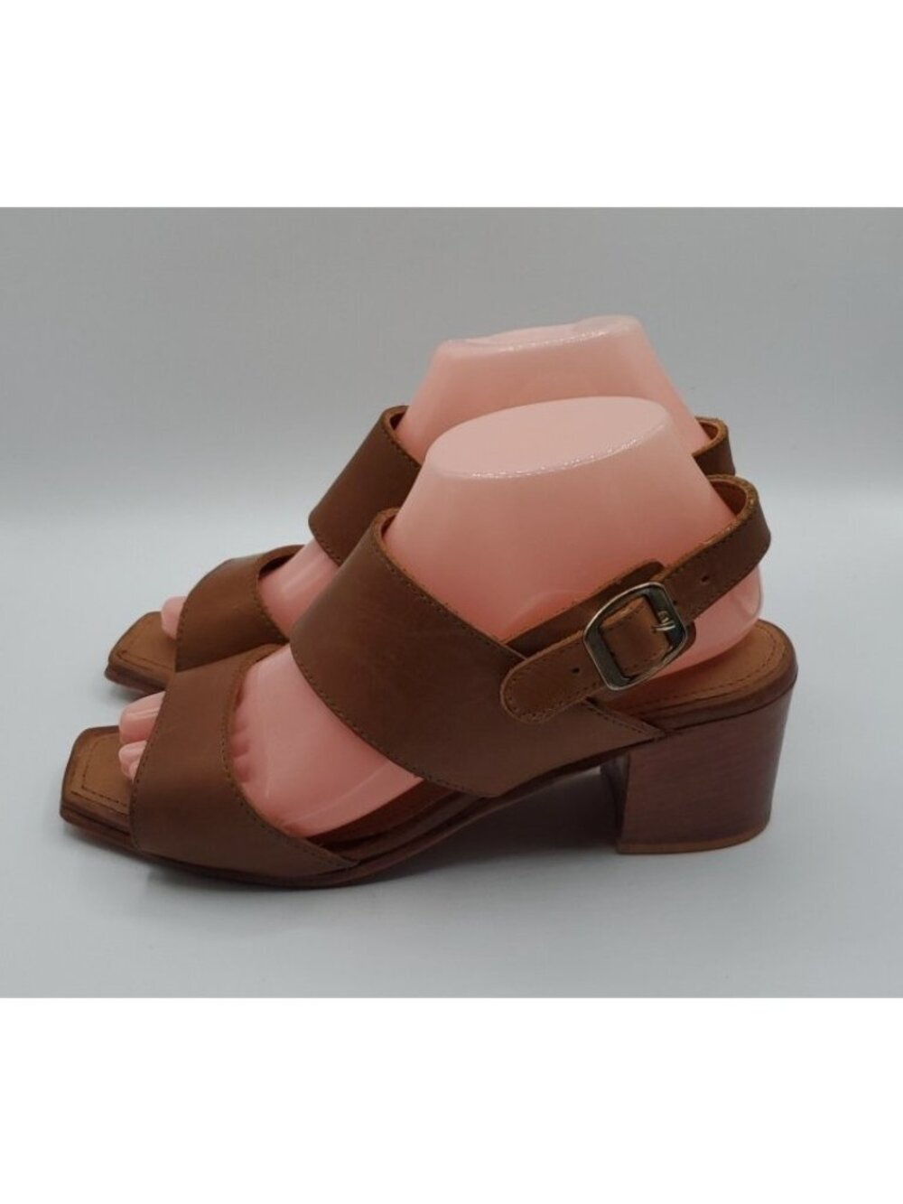 Adelante The Serena Sandal Sz 8C Tan Square Toe Heel Handmade Leather Shoes - Picture 4 of 14